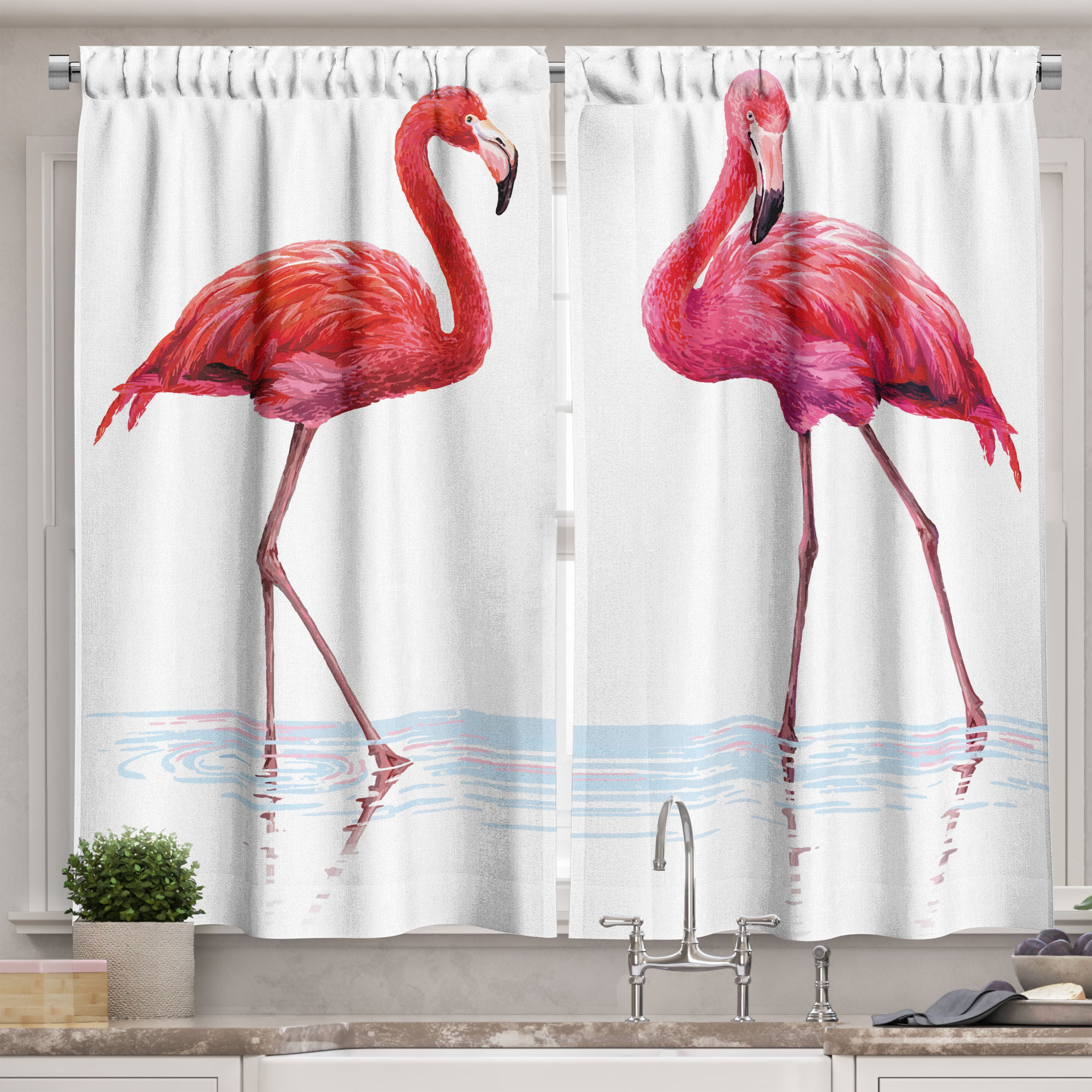 White Polyester Flamingo Print Light-Filtering Kitchen Curtains
