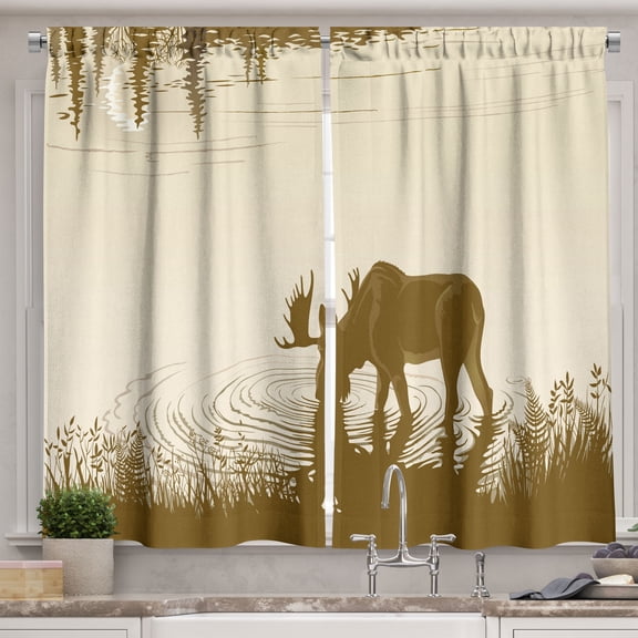 Ambesonne Animal Kitchen Curtains, Lake River Forest Wild, 55"x39", Cream Sepia