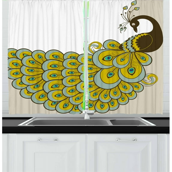 Ambesonne Animal Kitchen Curtains, Peacock with Vivid Tail, 55"x45", Brown Sage Green Beige