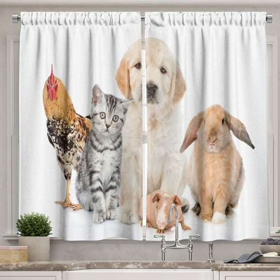 Ambesonne Animal Kitchen Curtains, Rooster Kitten Puppy Bunny, 55"x39", Multicolor