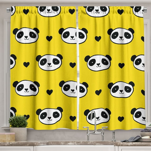 Ambesonne Animal Kitchen Curtains, Smiling Panda Faces, 55"x45", Yellow White and Black
