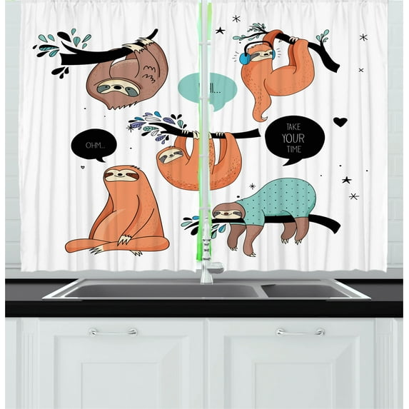 Ambesonne Animal Kitchen Curtains, Smiling Sloth Cartoon, 55"x39", Multicolor