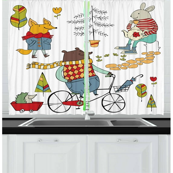 Ambesonne Animal Kitchen Curtains, Urban Forest Characters, 55"x39", Multicolor