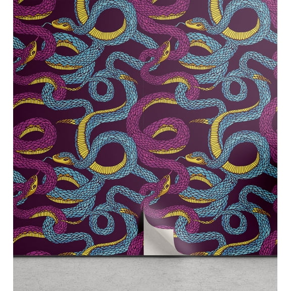 Ambesonne Animal Peel & Stick Wallpaper for Home, Hand Drawn Art Snakes, 13"x72", Plum Blue Yellow