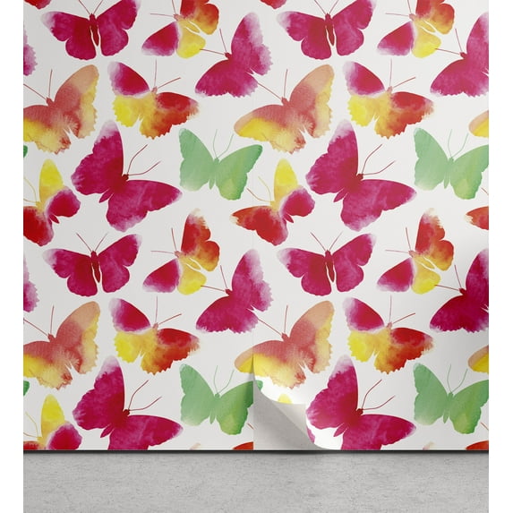 Ambesonne Animal Peel & Stick Wallpaper for Home, Watercolor Butterflies, 13"x100", Fuchsia Green