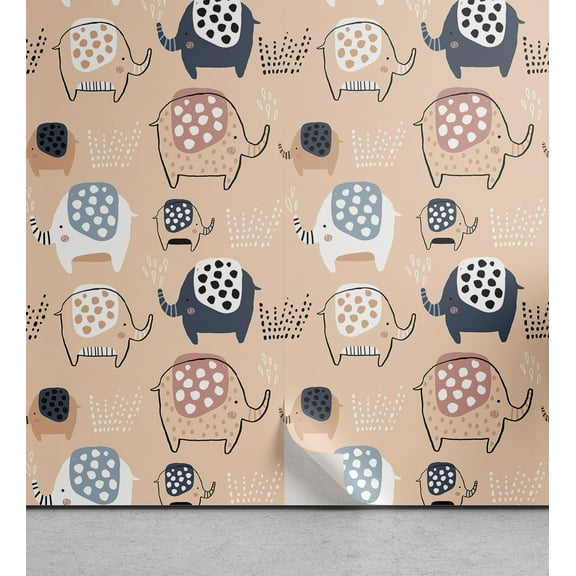 Ambesonne Animal Peel & Stick Wallpaper for Home, Zoo Animal Funny Elephants, 13"x36", Peach Coral Night Blue