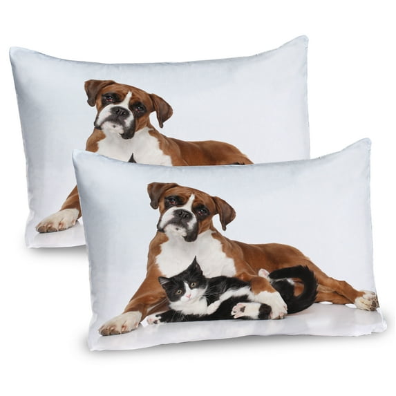 Ambesonne Animal Pillow Sham 2 Pack, Cat Dog Friends Portrait, 26"x20", Brown Black White