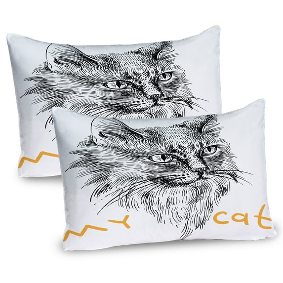 Ambesonne Animal Pillow Sham 2 Pack, Hand Drawn Cat, 30"x20", Mustard Black and White