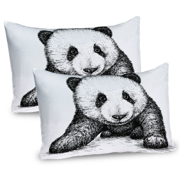 Ambesonne Animal Pillow Sham 2 Pack, Panda Bear Sketch, 36"x20", White Black