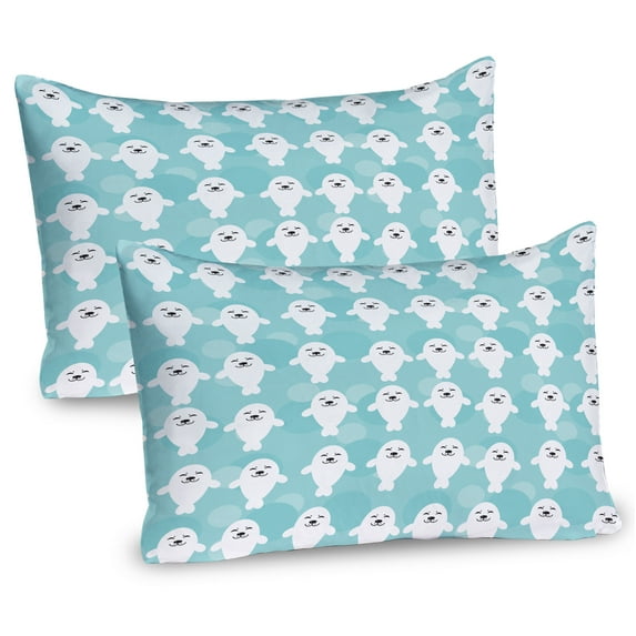 Ambesonne Animal Pillow Sham 2 Pack, White Seals Ocean, 30"x20", Turquoise Pale Blue