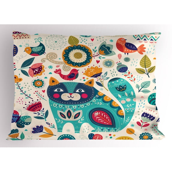 Ambesonne Animal Pillow Sham, Cat with Birds, 26" X 20", Multicolor