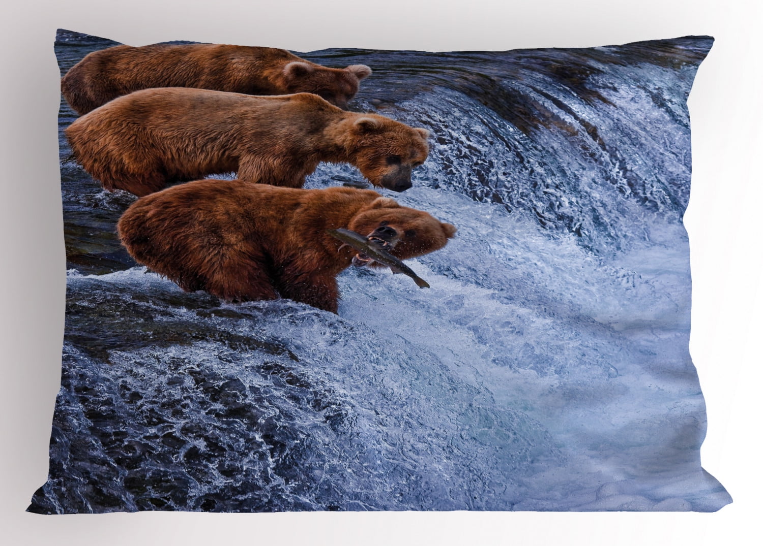 King Size Brown Bear and Fish Polyester Pillow Sham