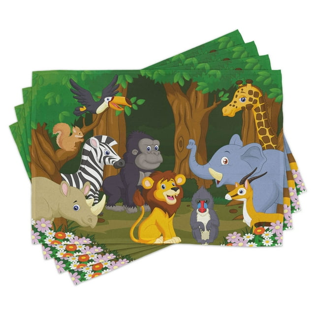 Ambesonne Animal Place Mats Set of 4, Cartoon Lion, Standard Size, Brown and Fern Green