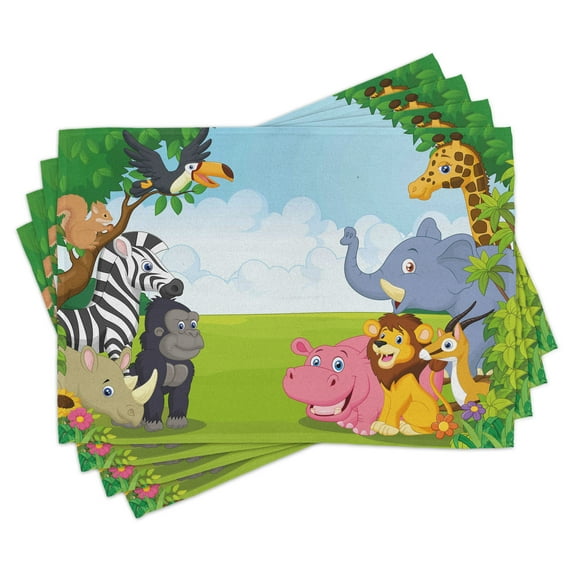 Ambesonne Animal Place Mats Set of 4, Savannah Animals Cartoon, Standard Size, Multicolor