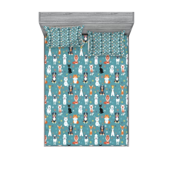 Ambesonne Animal Print Fitted Sheet & Pillow Sham Set, Cats and Dogs Species, Queen, Multicolor