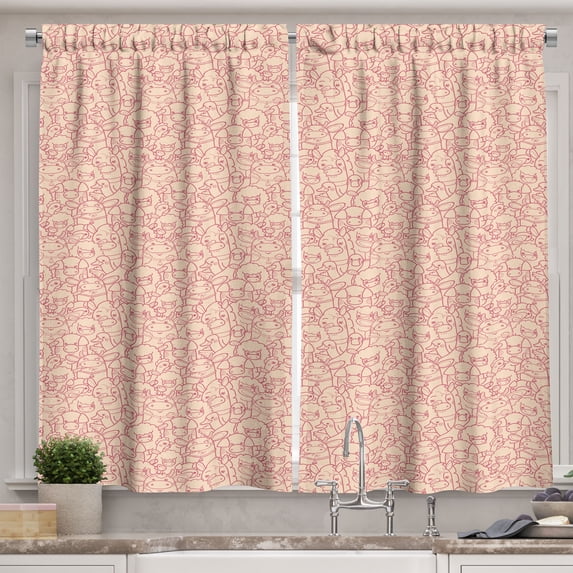 Ambesonne Animal Print Kitchen Curtains, Outline Farm Fauna Art, 55"x39", Pale Ruby Pale Peach