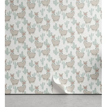 Ambesonne Animal Print Peel & Stick Wallpaper for Home, Llama Scarf and Cactus, 13"x72", Eggshell Blue