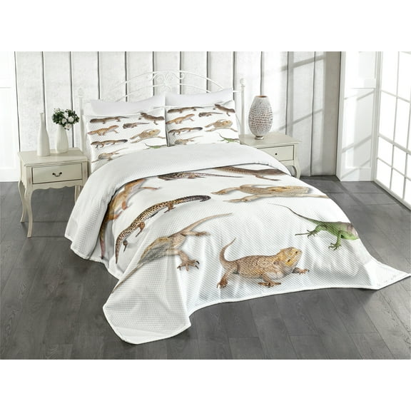 Ambesonne Animal Print Quilted Bedspread Set 3 Pcs, Prehistoric Reptile, King Size, Multicolor