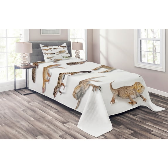 Ambesonne Animal Print Quilted Coverlet 2 Pcs, Prehistoric Reptile, Twin Size, Multicolor