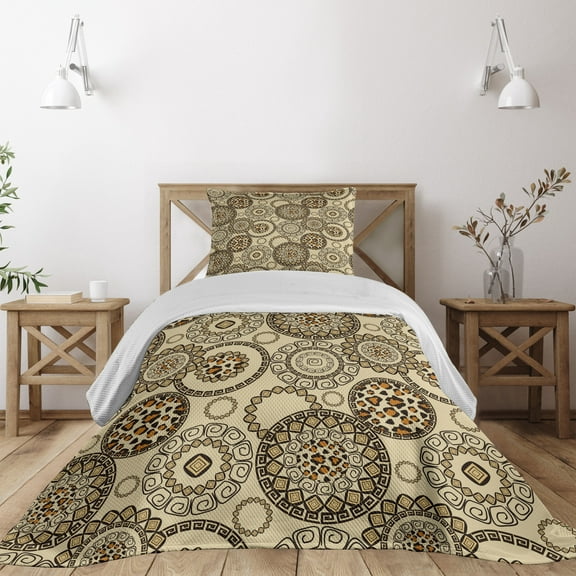 Ambesonne Animal Print Quilted Coverlet 2 Pcs, Savannah Theme Circles, Twin Size, Beige and Brown