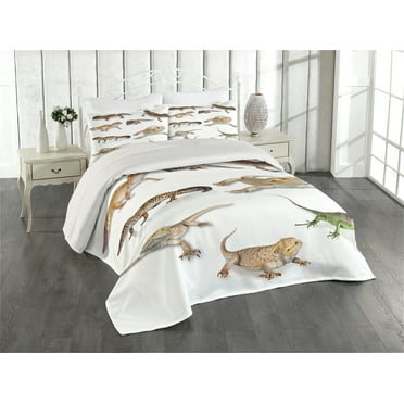 Ambesonne Animal Print Quilted Coverlet 3 Pcs, Prehistoric Reptile, King Size, Multicolor
