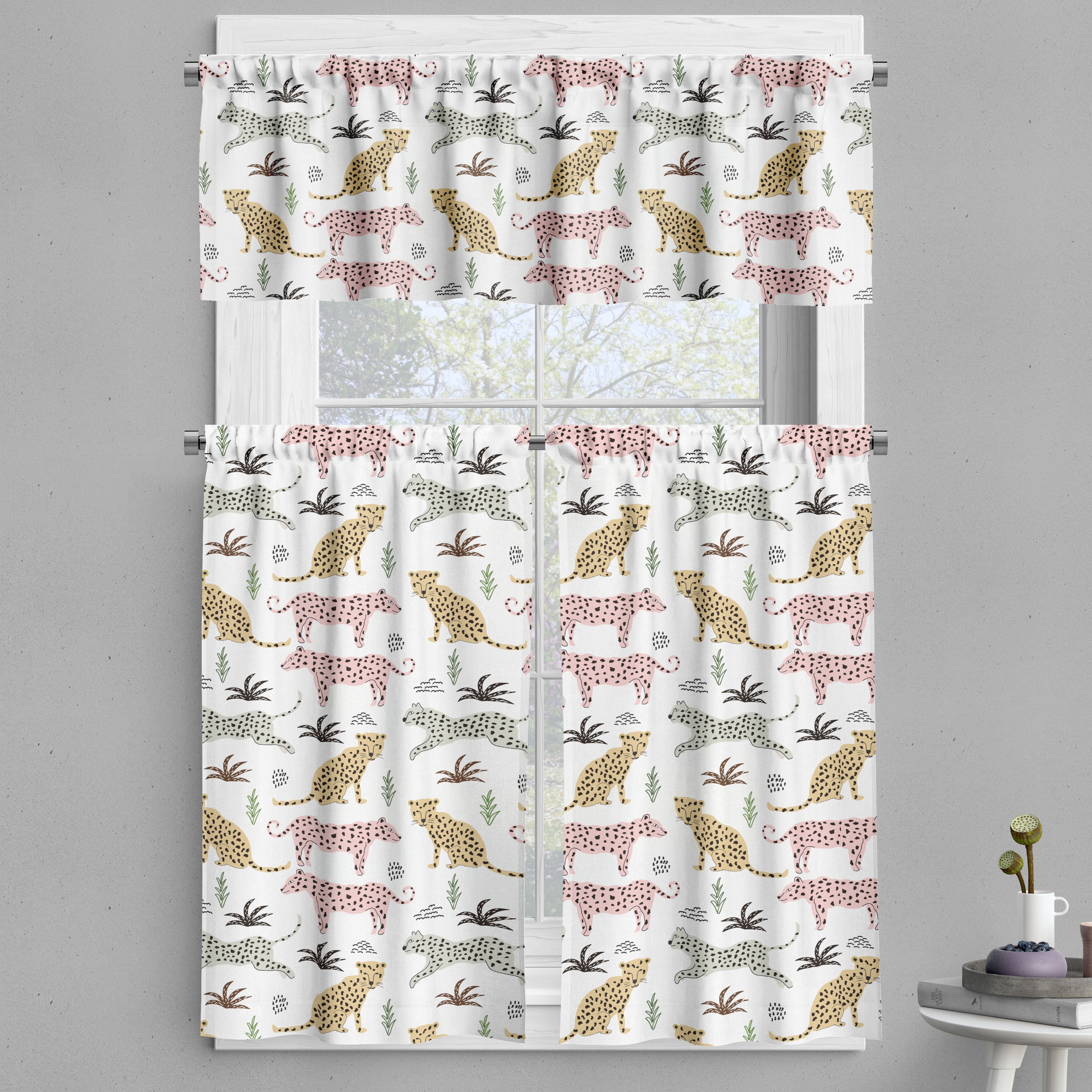 Ambesonne Animal Print Valance & Curtain, Leopards, 55"x24", White
