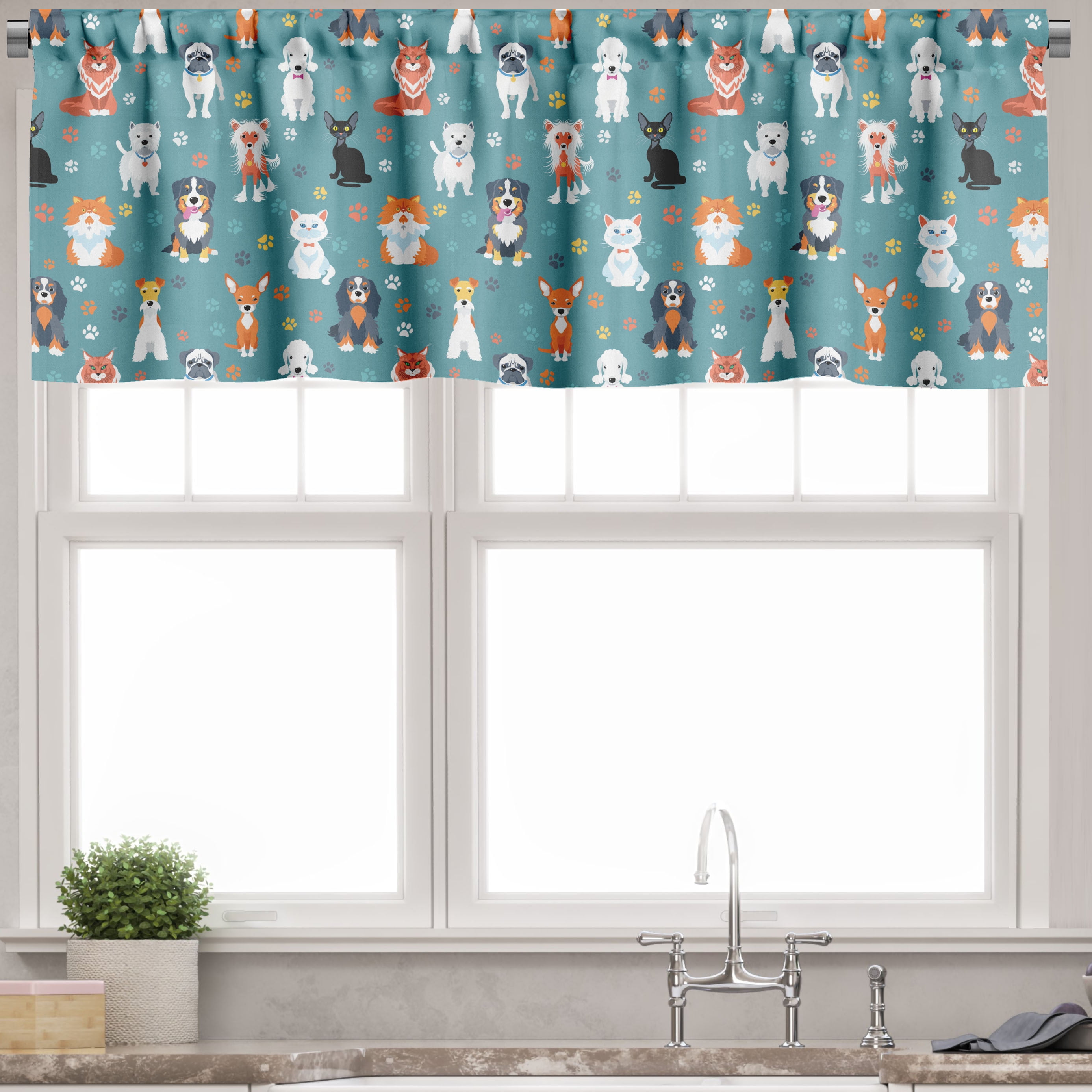 Ambesonne Animal Print Valance Pack of 2, Cats and Dogs Species, 54"X18