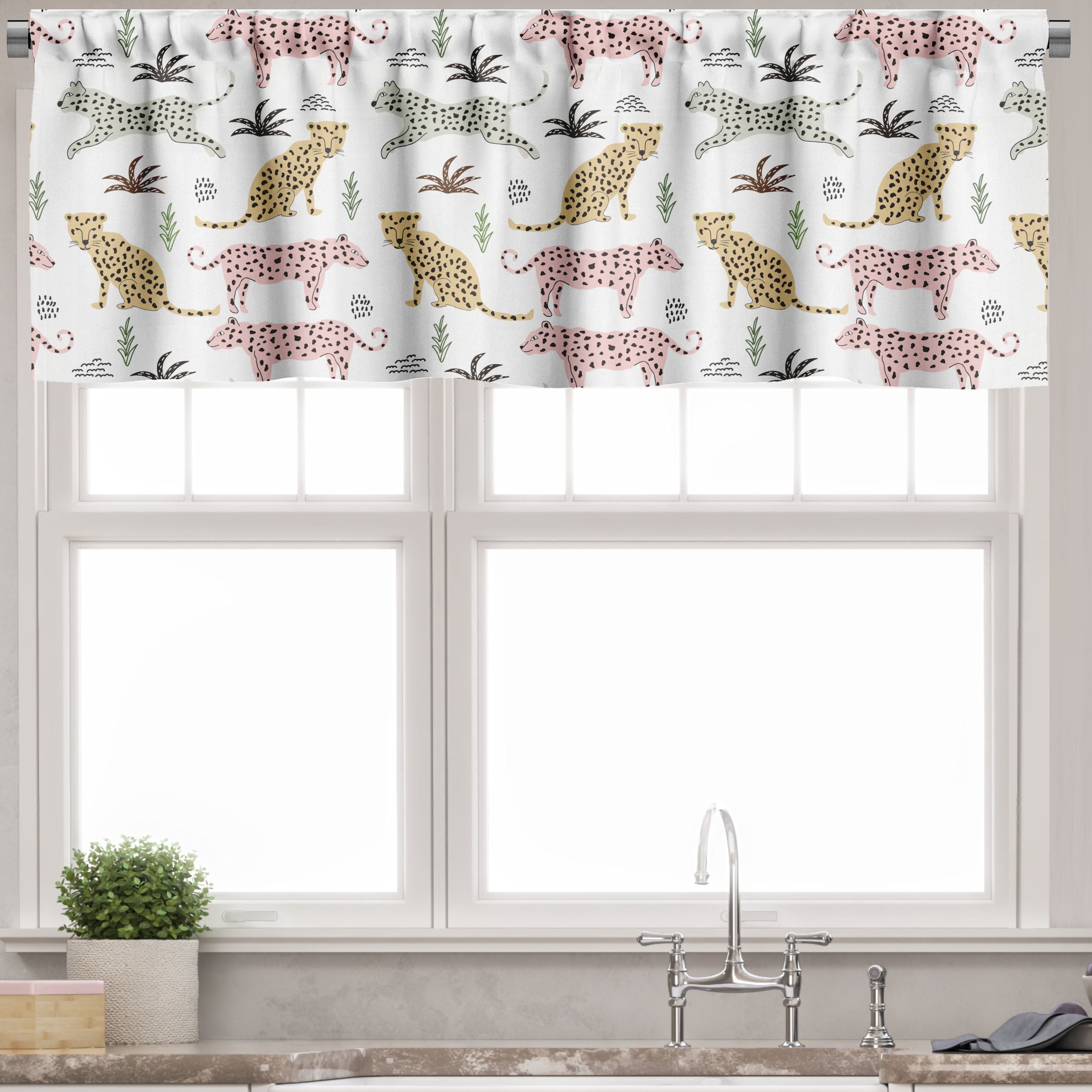 Ambesonne Animal Print Window Valance, Leopards, 54" X 18", White