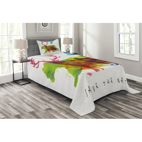 Ambesonne Animal Quilted Bedspread Set 2 Pcs, Alaska Animals Bear Wolf, Twin Size, Multicolor