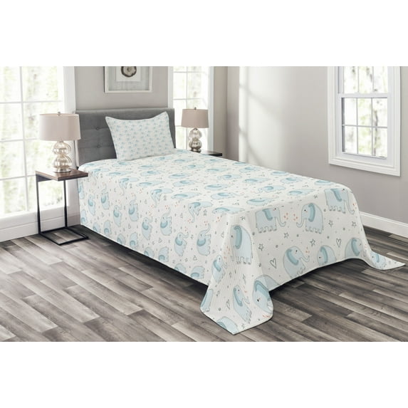Ambesonne Animal Quilted Bedspread Set 2 Pcs, Animals Hearts Stars, Twin Size, Pale Blue Cinnamon White