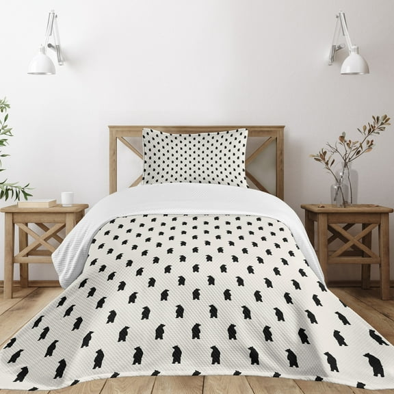Ambesonne Animal Quilted Bedspread Set 2 Pcs, Black Bear Silhouettes, Twin Size, Cream and Black