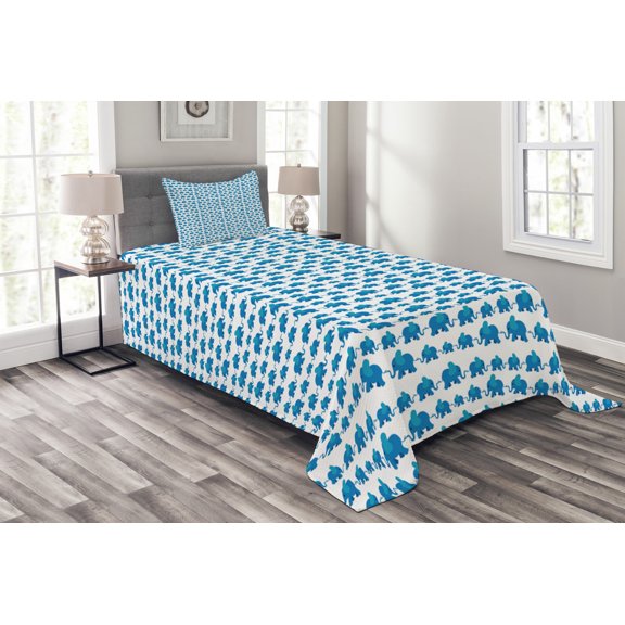 Ambesonne Animal Quilted Bedspread Set 2 Pcs, Blue Animal Theme, Twin Size, Blue White