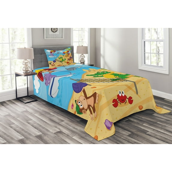 Ambesonne Animal Quilted Bedspread Set 2 Pcs, Cartoon Animals on Beach, Twin Size, Multicolor