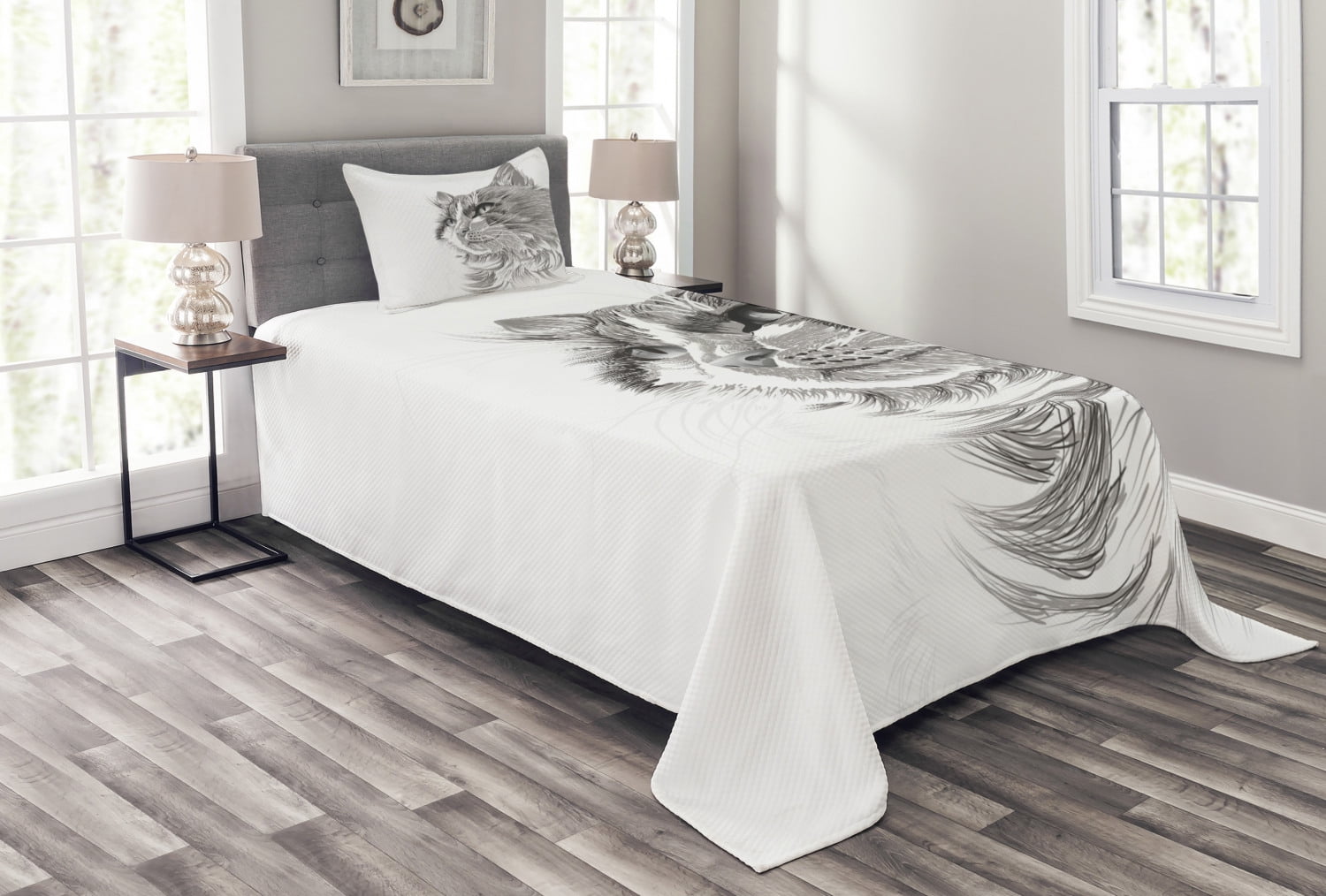 Twin White Quilted Bedspread Set with Cat Design