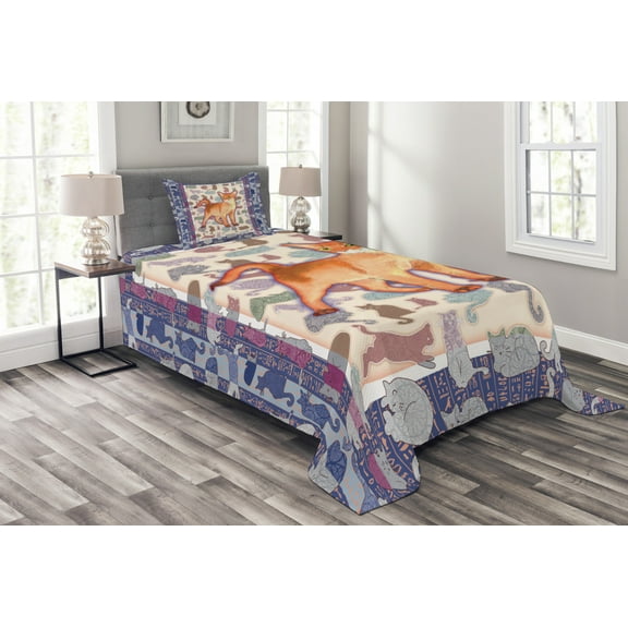 Ambesonne Animal Quilted Bedspread Set 2 Pcs, Cats Composition, Twin Size, Multicolor