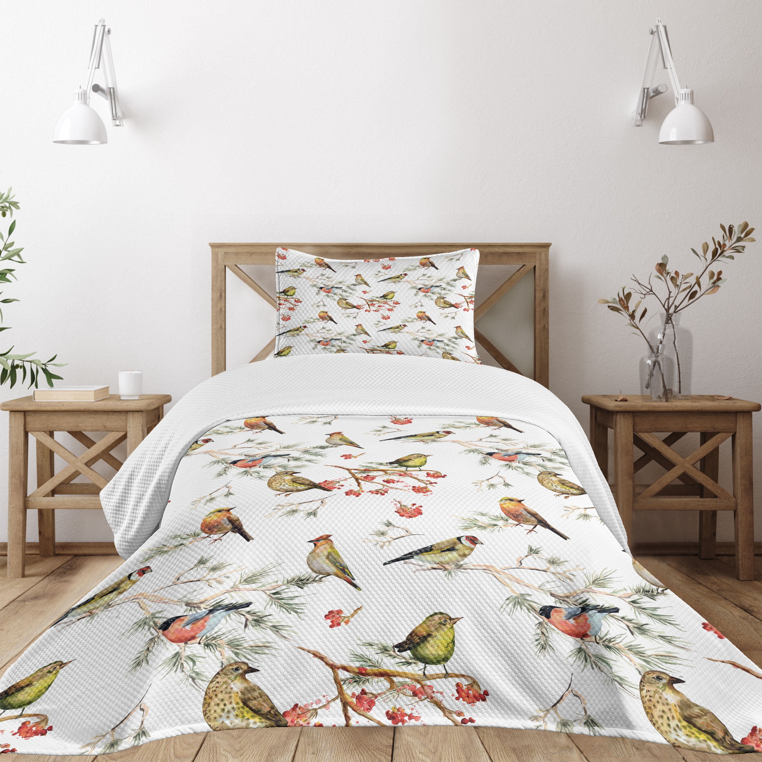 White Twin Quilted Bedspread Set with Colorful Birds