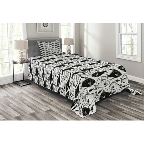 Ambesonne Animal Quilted Bedspread Set 2 Pcs, Dotted Fish Retro Fauna, Twin Size, Grey White