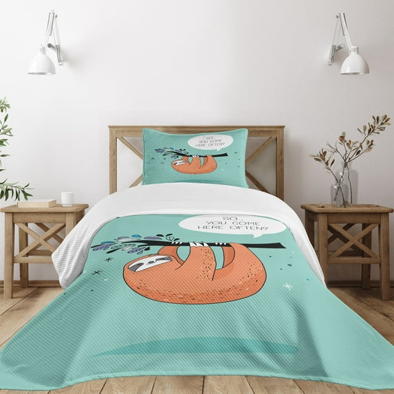 Ambesonne Animal Quilted Bedspread Set 2 Pcs, Flirty Sloth Cartoon, Twin Size, Multicolor