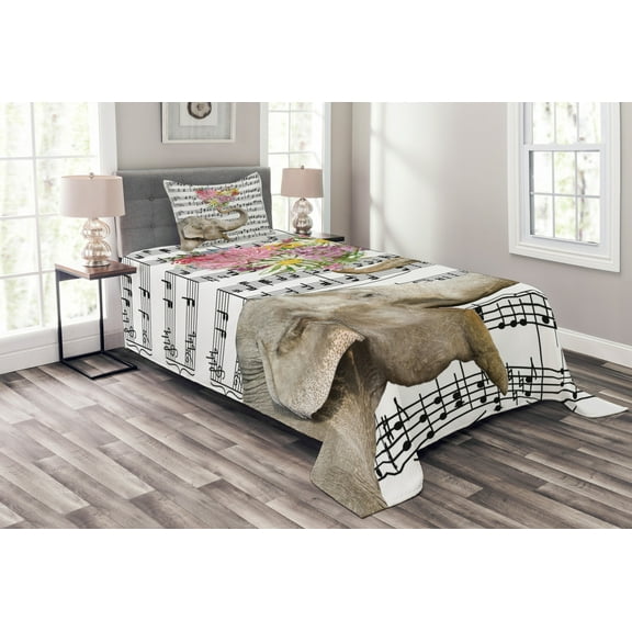 Ambesonne Animal Quilted Bedspread Set 2 Pcs, Floral Trunk Music Notes, Twin Size, Multicolor