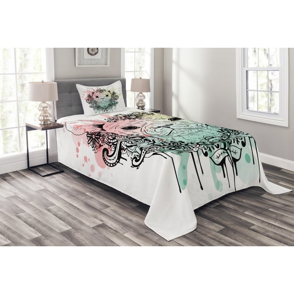 Ambesonne Animal Quilted Bedspread Set 2 Pcs, French Bulldog Flowers, Twin Size, Pale Green Pale Pink