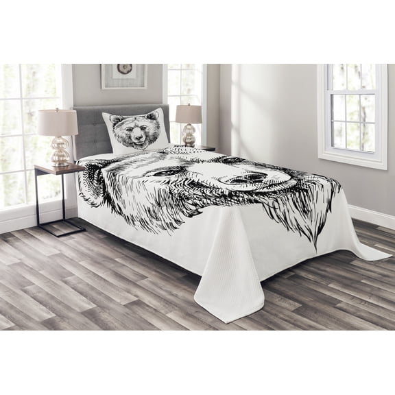 Ambesonne Animal Quilted Bedspread Set 2 Pcs, Grizzly Bear Ink Sketch, Twin Size, Black White