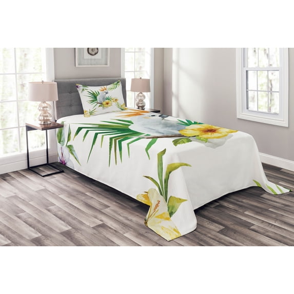 Ambesonne Animal Quilted Bedspread Set 2 Pcs, Hibiscus with Wild Birds, Twin Size, White Yellow Green