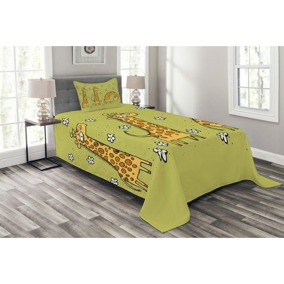 Ambesonne Animal Quilted Bedspread Set 2 Pcs, Illustration of Giraffes, Twin Size, Avocado Green Caramel