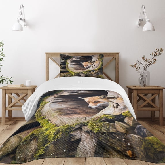 Ambesonne Animal Quilted Bedspread Set 2 Pcs, Nature Wild Fox Forest, Twin Size, Multicolor