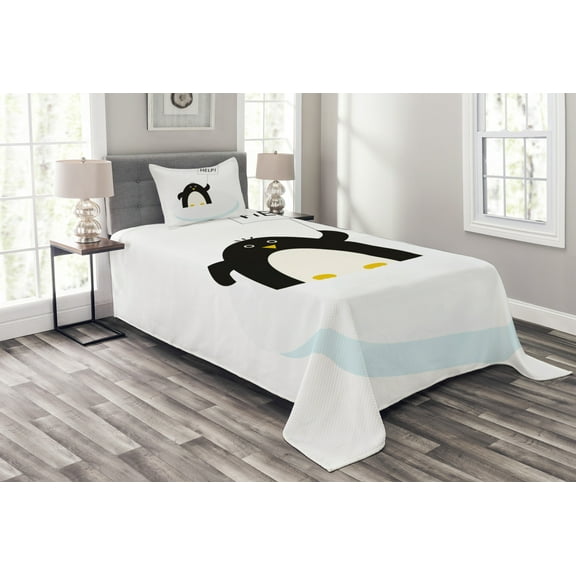 Ambesonne Animal Quilted Bedspread Set 2 Pcs, Penguin on Ice Need Help, Twin Size, Black White and Sky Blue