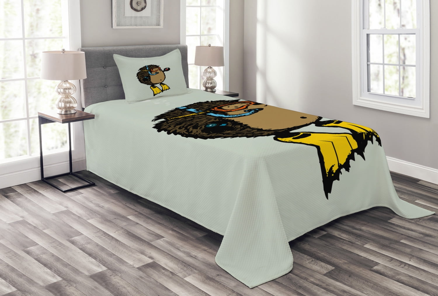 White Twin Reversible Kids Bedspread Set with Cartoon Hedgehog
