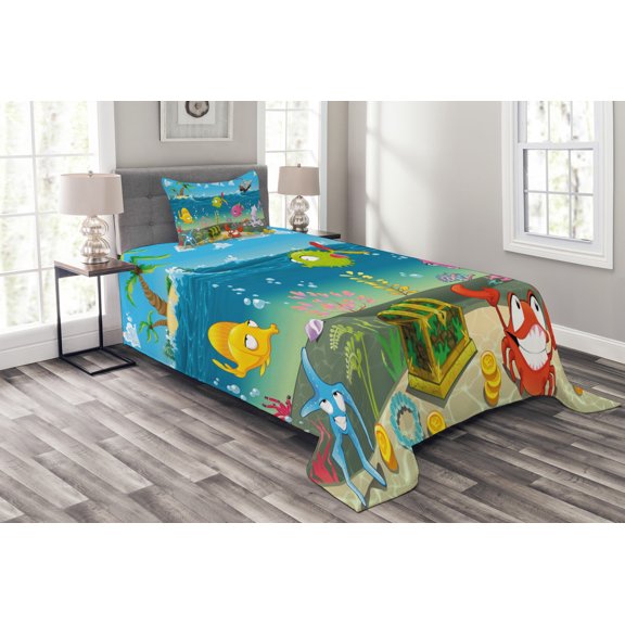Ambesonne Animal Quilted Bedspread Set 2 Pcs, Sea Animals Underwater, Twin Size, Multicolor