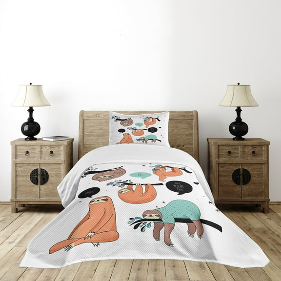 Ambesonne Animal Quilted Bedspread Set 2 Pcs, Smiling Sloth Cartoon, Twin Size, Multicolor