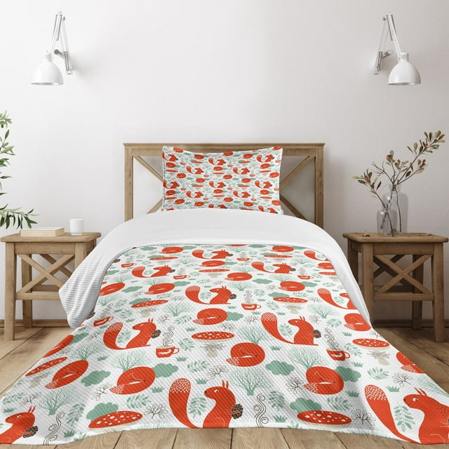 Ambesonne Animal Quilted Bedspread Set 2 Pcs, Squirrel and Fox Woods Tea, Twin Size, Reseda Green Dark Brown