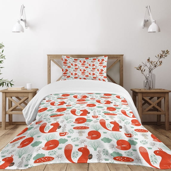 Ambesonne Animal Quilted Bedspread Set 2 Pcs, Squirrel and Fox Woods Tea, Twin Size, Reseda Green Dark Brown